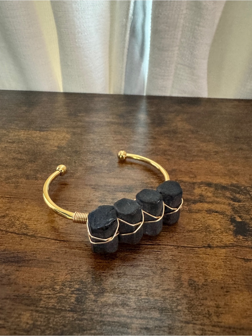 Kinsley Armelle Raw Black Tourmaline Gold Tone Open Cuff Bracelet New w/o Tags